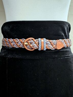 Talbots Vintage Brown Blue Braided Leather Y2K Adjustable Sizing Woven Belt